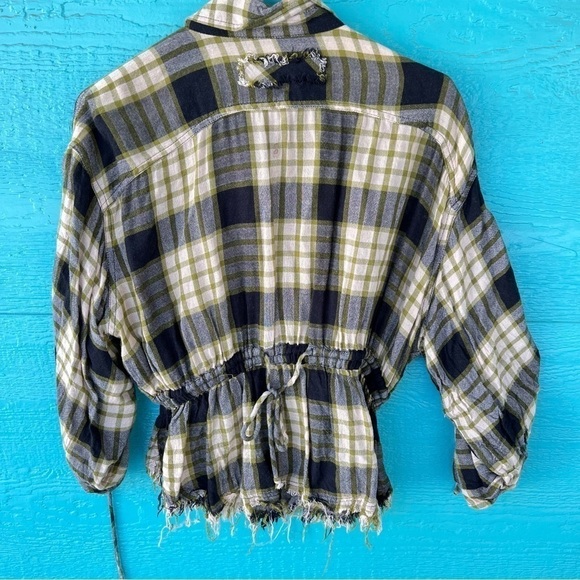FREE PEOPLE PACIFIC DAWN PLAID SNAP RUCHED SLEEVE WOOL BLEND FLANNEL TOP S NWT - Picture 12 of 14